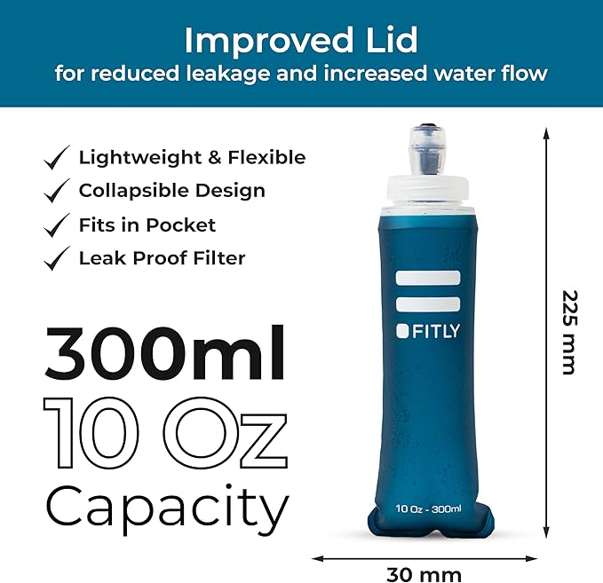 FITLY Soft Flask - Shrink As You Drink Soft Water Bottle for Hydration Pack - Folding Water Bottle Ideal for Running, Hiking, Cycling, Climbing & Rigorous Activity