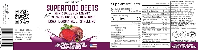 Superfood Beets Powder, 10.59oz 40 Servings - Beetroot Powder Organic Beet Root Blend with Green Tea & Berry Flavor, Non-GMO, Plant-Based Drink Mix