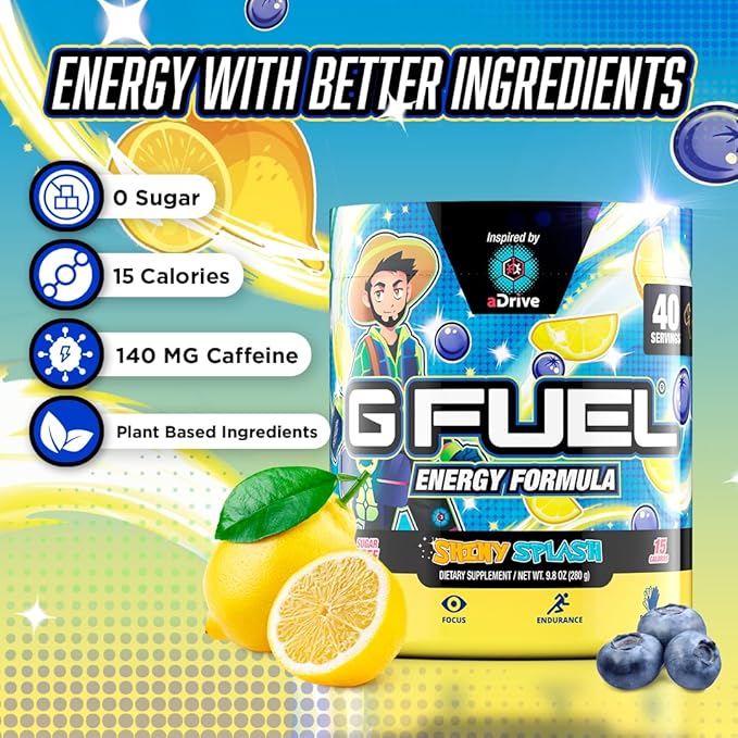 G fuel aDrive Energy Drink Powder, Pre Workout Caffeine Mix for Gaming, Sugar Free Focus Amino, Vitamin + Antioxidants, 9.9oz (Blueberry & Lemonade, 40 Servings)