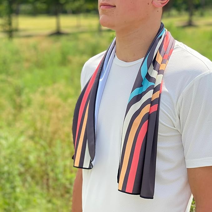 SHAKEitCOOL Extended Size Cooling Towel โ Be Cool in Style - Heat Relief, Soft, Lightweight, Sun Protection, Easy Clean - Perfect for Biking, Hiking, Running, Yoga, Golf, Gardening - Retro Wave M