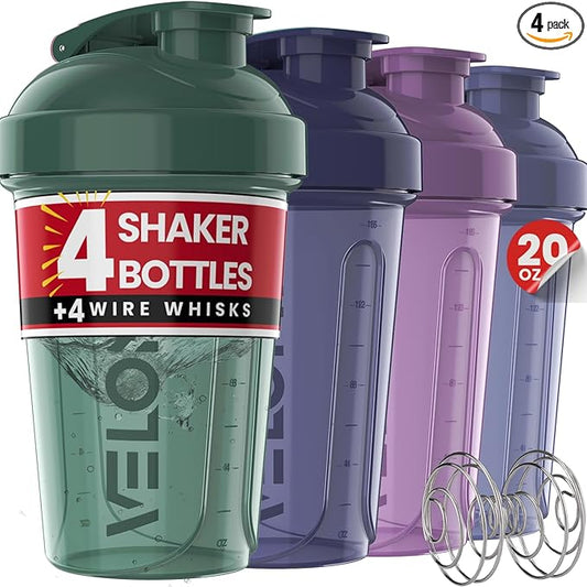 VELOMIX -4 PACK- 20 OZ Protein Shaker Bottles for Protein Mixes, Shaker Cups for Protein Shakes, Small Shaker Bottle Pack, Shaker Cup, Shakers for protein Shakes (Blue Mirage)