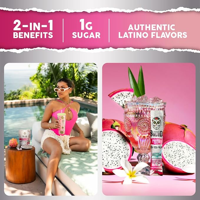 Salud 2-in-1 Energy Drink Powder + Focus, Dragon Fruit, Organic Caffeine, B6 + B12, Theanine, Clean Energy Drink Packets, Pitaya Agua Fresca Mix, Non-GMO, Gluten Free, Vegan, 1g of Sugar, (15 Servings)