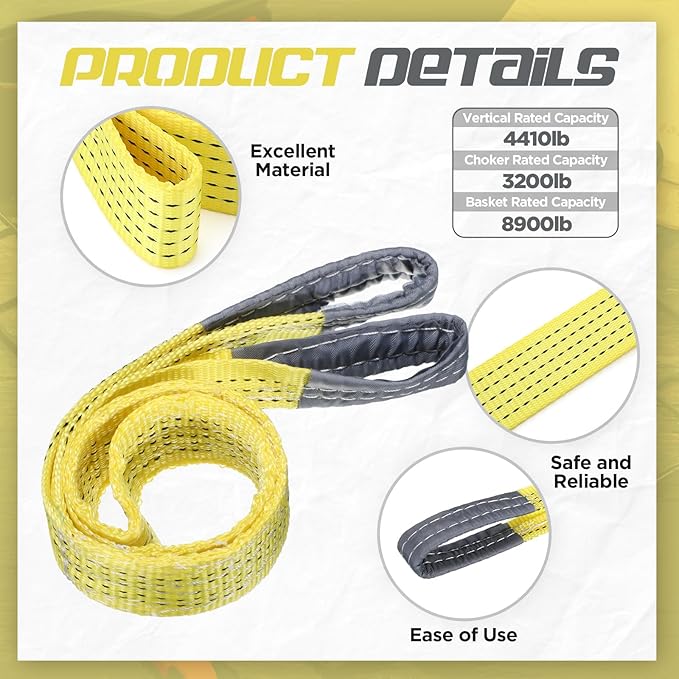 4 Pcs Lift Sling Straps Heavy Duty Web Slings Straps Polyester Nylon for Hoist Car Outdoor Using