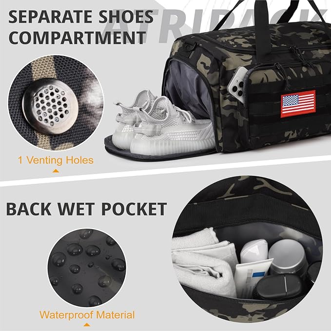 Tactical Gym Bag for Men, 40L Large Capacity Duffle Bags with Shoes Compartment, Sports Bag with wet compartment, Multi-functional Weekend Bags Suitable for Travel, Camping,hiking
