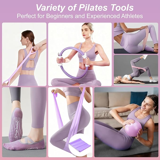 Luscinia Pilates Equipment Kit for Women Home Pilates Essentials Set with 14" Pilates Ring Circle 7" Pilates Ball Pilates Resistance Bands Figure 8 Band and Accessories Pink Pilates Kit for Beginners