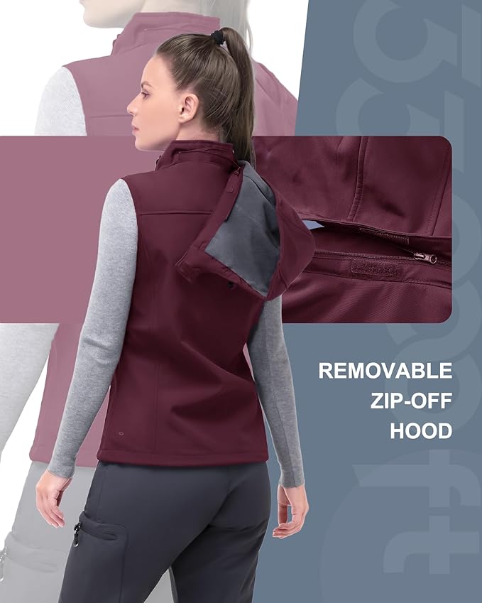 33,000ft Women's Hooded Lightweight Softshell Vest Fleece Lined Windproof Zip Up Sleeveless Jacket for Hiking Golf Running