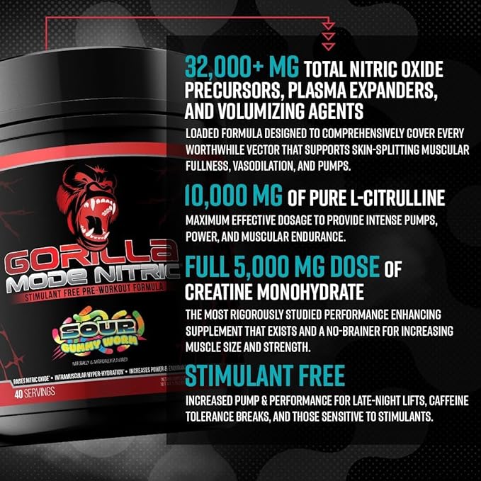 Gorilla Mind - Gorilla Mode Nitric Upgraded Stimulant Free Pre-Workout – Best Tasting and Most Effective Stimulant Free Pre-Workout/Massive Pumps · Vasodilation · Power / 784 Grams (Tigers Blood)