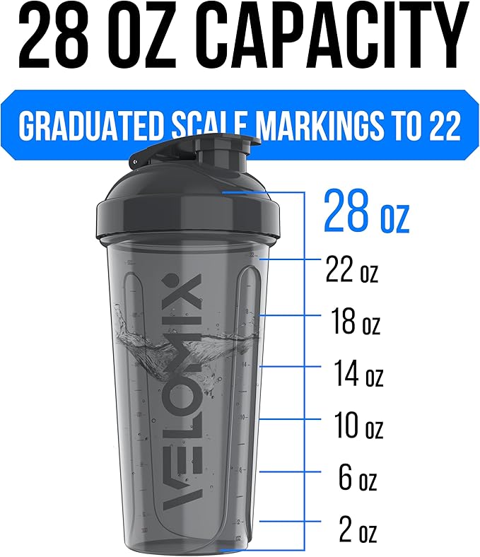 VELOMIX -6 PACK- 28 oz Protein Shaker Bottle for Protein Mixes - 6x Wire Whisk | Leak Proof Shaker Cups for Protein Shakes | Protein Shaker Bottle Pack | Protein Shake Cup (Elemental Mix)