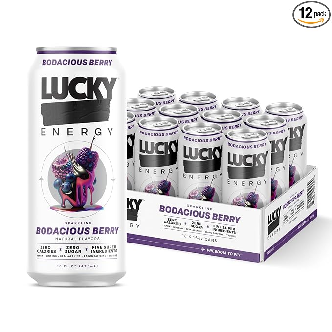 Lucky Energy Sugar Free Energy Drinks 16 Fl Oz Cans (12-Pack) Healthy Energy Drink. Bodacious Berry with Maca, Ginseng, Taurine, Beta-Alanine, 200mg Caffeine