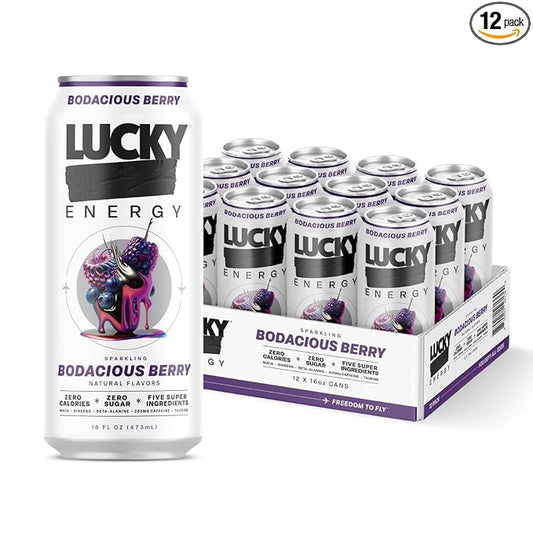 Lucky Energy Sugar Free Energy Drinks 16 Fl Oz Cans (12-Pack) Healthy Energy Drink. Bodacious Berry with Maca, Ginseng, Taurine, Beta-Alanine, 200mg Caffeine