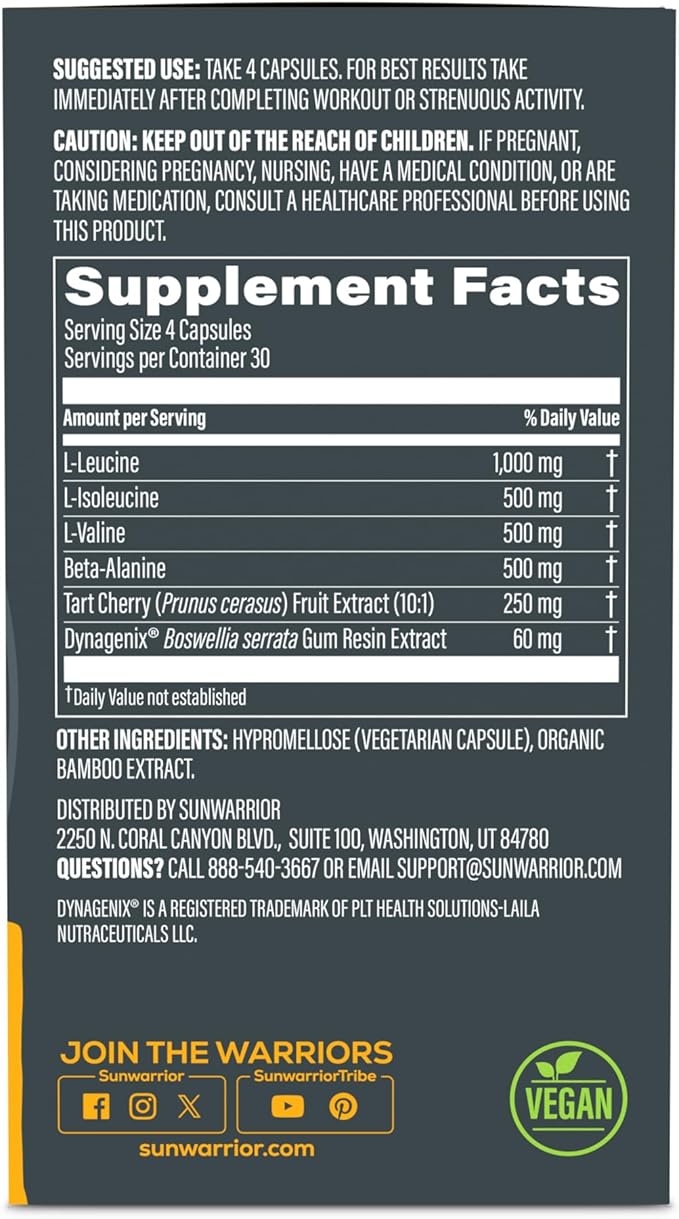 Amino Acids Supplement Recovery Capsules Stimulant-Free Post-Workout Muscle Recovery & Strength Support BCAAs Beta-Alanine, Tart Cherry & Boswellia Reduced Soreness & Faster Healing 120 Vegan Capsules