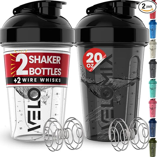VELOMIX -2 Pack- 20 oz Protein Shaker Bottles for Protein Mixes - 2x Wire Whisk | Leak Proof Shaker Cups for Protein Shakes and Pre Workout | Protein Shaker Bottle Pack (Black/Transparent)