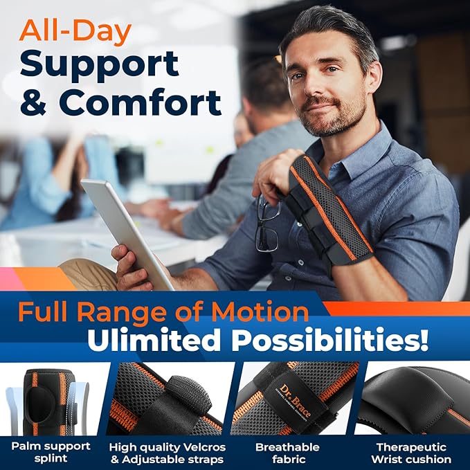 DR. BRACE Adjustable Wrist Brace Night Support for Carpal Tunnel, Doctor Developed, Upgraded with Double Splint & Therapeutic Cushion,Hand Brace for Pain Relief,Injuries,Sprains (L/XL Left Hand, Black-Orange)