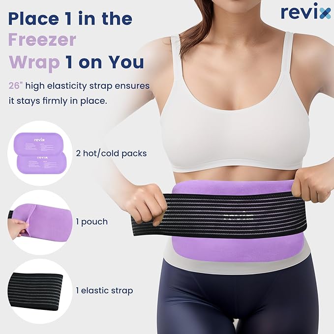 REVIX Reusable Ice Packs for Injuries, 2 Gel Ice Packs Set, Soft Hot & Cold Therapy for Shoulder, Back, Knee, Abdomen, Soothing Discomfort and Fatigue, 12" x 6" Purple