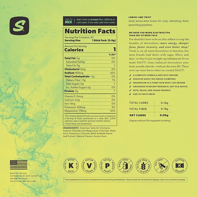 SALTT Electrolytes Powder Flavored Drink Mix - Lemon Lime Twist - 30 Hydration Packets - Magnesium, Potassium, Sodium, Trace Minerals - Zero Sugar & Gluten Free - Travel Essentials