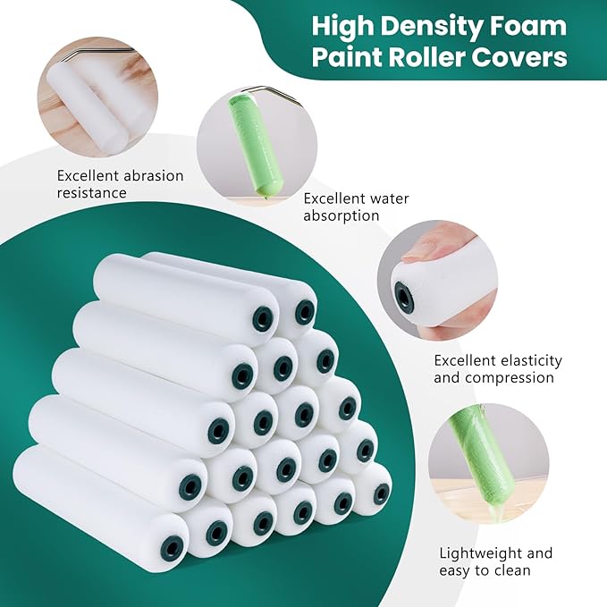 Foam Paint Roller, 20 Pack, 6 Inch Mini Paint Roller Covers, High Density Foam Paint Roller, Small Paint Rollers for All Flat Surfaces, Suitable for Wall,Kitchen Cabinets, Doors, Tables