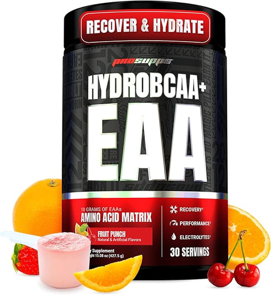 PROSUPPS HydroBCAA Essential Amino Acids Powder, Fruit Punch - Workout Supplement with BCAA, EAAs & Electrolytes for Hydration & Recovery - Stimulant-Free, Soy & Gluten-Free - 30 Servings