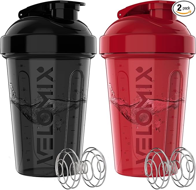 VELOMIX -2 Pack- 20 oz Protein Shaker Bottles for Protein Mixes - 2x Wire Whisk | Leak Proof Shaker Cups for Protein Shakes and Pre Workout | Protein Shaker Bottle Pack (Black/Red)
