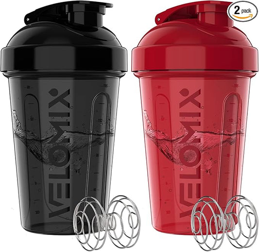 VELOMIX -2 Pack- 20 oz Protein Shaker Bottles for Protein Mixes - 2x Wire Whisk | Leak Proof Shaker Cups for Protein Shakes and Pre Workout | Protein Shaker Bottle Pack (Black/Red)