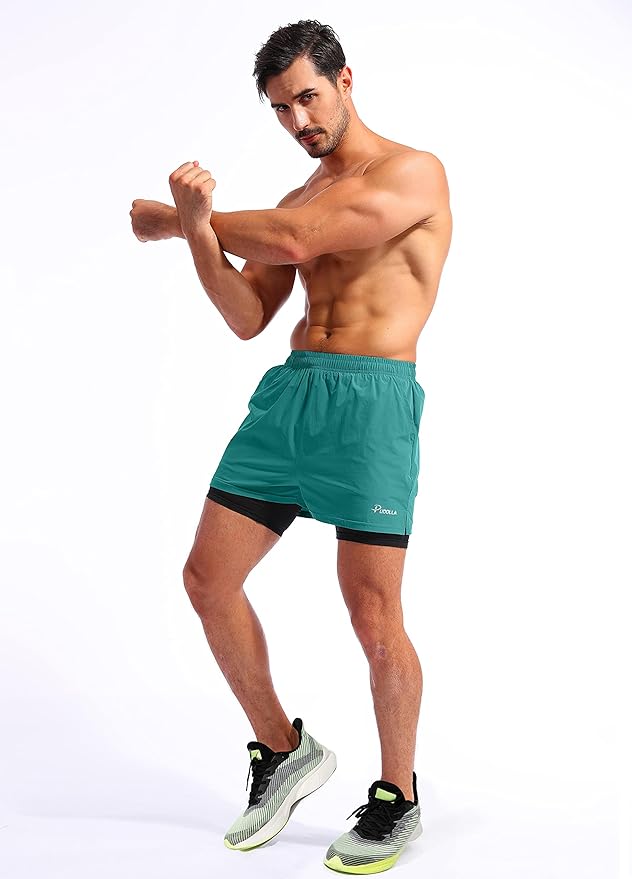 Pudolla Men’s 2 in 1 Running Shorts 5" Quick Dry Gym Athletic Workout Shorts for Men with Phone Pockets