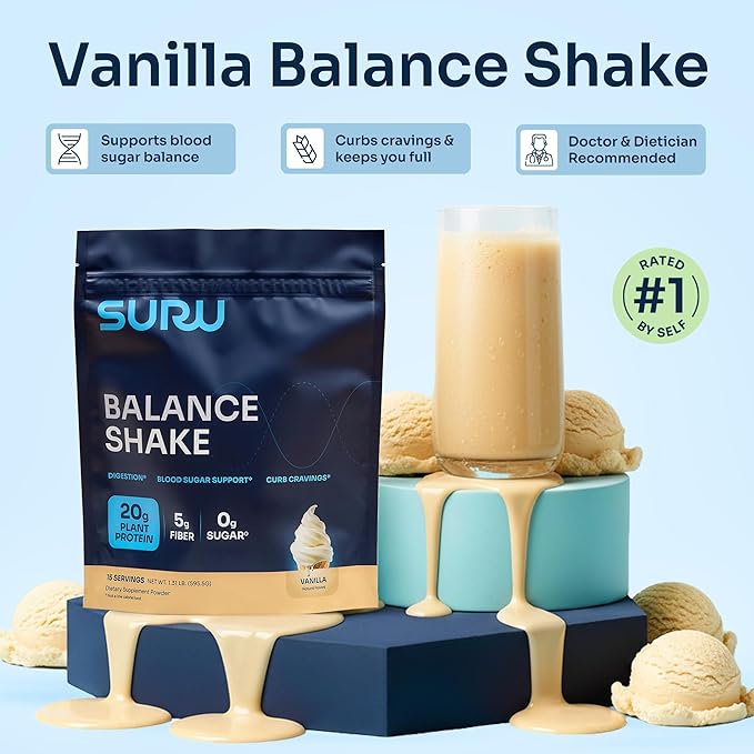 Suru Balance Shake All-in-One with 20g Protein, 140 Cal, 6g Fiber, Low Glycemic + Essential Vitamins, Vanilla, 4 Servings