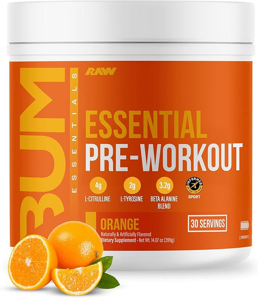 RAW Essential Pre-Workout Powder (Orange) - Chris Bumstead Sports Nutrition Supplement for Men & Women - Preworkout Energy Powder with Caffeine, L-Citrulline, L-Tyrosine, & Beta Alanine Blend