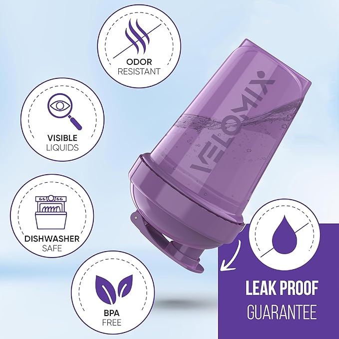VELOMIX -2 Pack- 20 oz Protein Shaker Bottles for Protein Mixes - 2x Wire Whisk | Leak Proof Shaker Cups for Protein Shakes and Pre Workout | Protein Shaker Bottle Pack (Purple/Black)