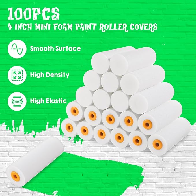 100 Pcs 4 Inch Foam Paint Roller High Density Foam Roller Mini Paint Roller Refills Paint Edger Tool for Walls Brings Smooth Finishes Flat Surfaces