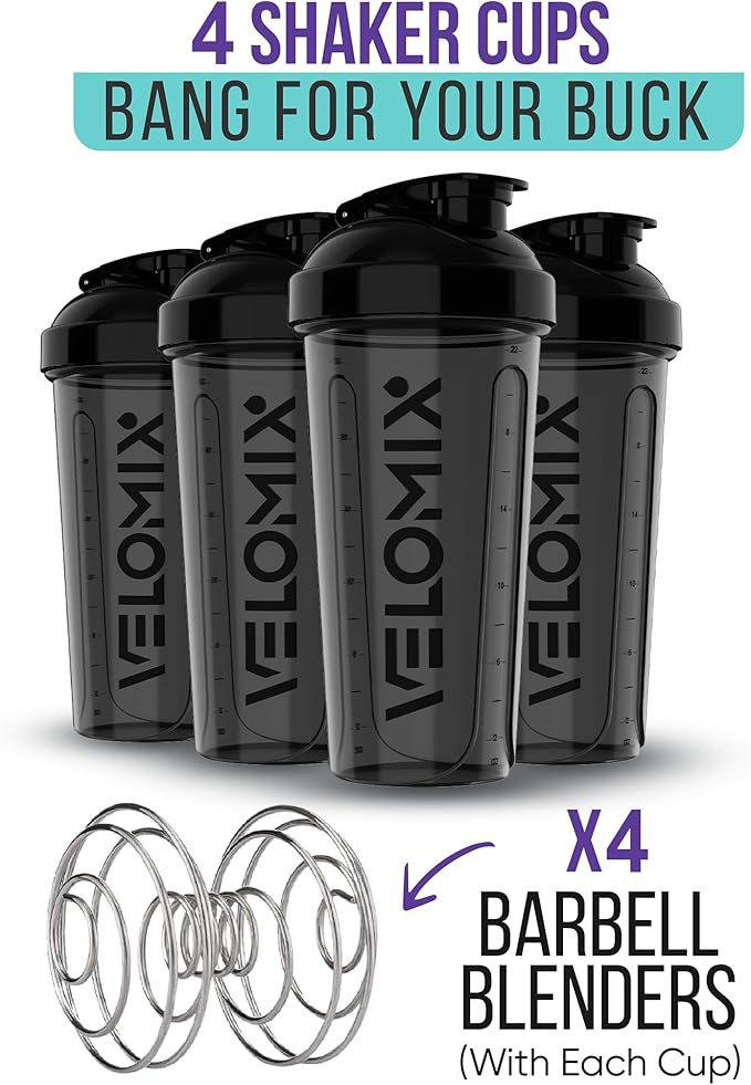 VELOMIX -4 PACK- 28 oz Protein Shaker Bottle for Protein Mixes - 4x Wire Whisk | Leak Proof Shaker Cups for Protein Shakes | Protein Shaker Bottle Pack | Protein Shake Cup(All in Black)