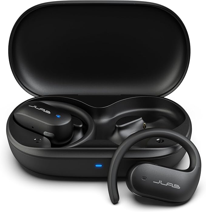 JLab JBuds Open Sport Earbuds, Black, Ear Hook Design for Workout Fitness, Wireless Open-Ear Audio Freedom, Safe Listening, Bluetooth Multipoint, Customize with The App
