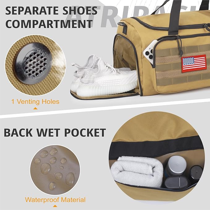 Tactical Gym Bag for Men, 40L Large Capacity Duffle Bags with Shoes Compartment, Sports Bag with wet compartment, Multi-functional Weekend Bags Suitable for Travel, Camping,hiking