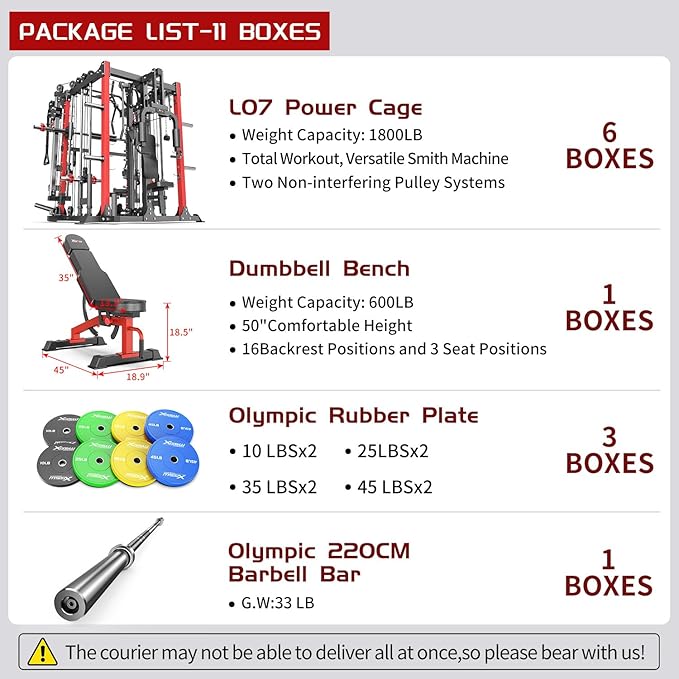 Smith Machine with Cable Crossover System, Multi-Function Squat Rack Power Cage for Home Gym, Power Rack and Packages Weight Sets