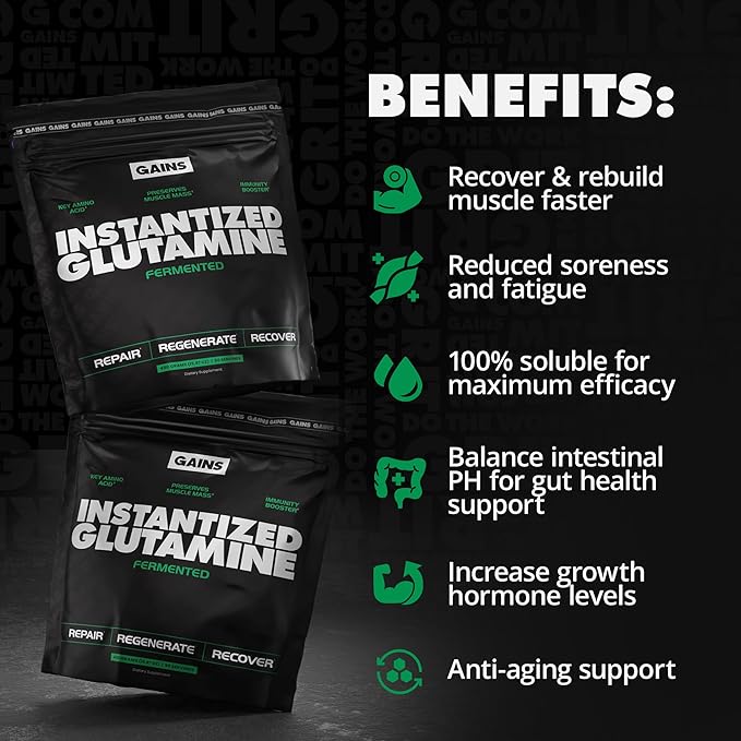 Gains in Bulk L-Glutamine, Gluten Free Glutamine Powder for Muscle Recovery and Growth, Post Workout Support, Amino Acid Supplement, Promotes Protein Synthesis, Non GMO, Unflavored, 90 Servings