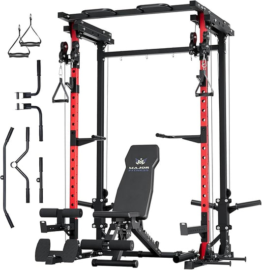 MAJOR FITNESS Drone3 Power Rack, Multi-Function Home Gym Squat Rack with Pull-Up Bar, Cable Crossover & J-Hooks, Heavy-Duty Steel Frame for Maximum Stability & Strength Training