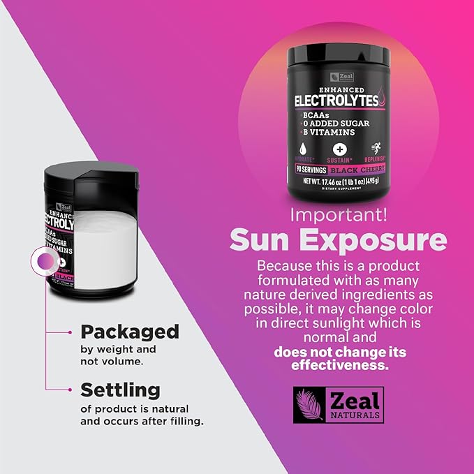 Zeal Naturals Electrolyte Powder Recovery Drink (90 Servings | Black Cherry) w 0 Sugar +BCAAs +B-Vitamins Electrolyte Supplement w Potassium Zinc & Magnesium for Hydration - Keto Electrolytes
