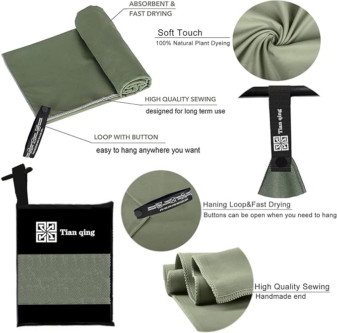 Tian qing Microfiber Towel Set, 3 Pieces, Fast Drying, Soft Touch, Lightweight, Multiple Sizes for Beach, Camping, Gym, Hiking, Pool, Yoga,Travel,Army Green