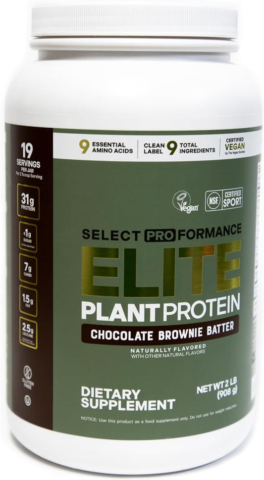 Silver Star Nutrition, Select Proformance Elite Vegan Plant Protein Powder, Chocolate Brownie Batter, NSF Certified, No Added Sugar, 16g of Protein per Serving, 38 Servings, 2 Lbs
