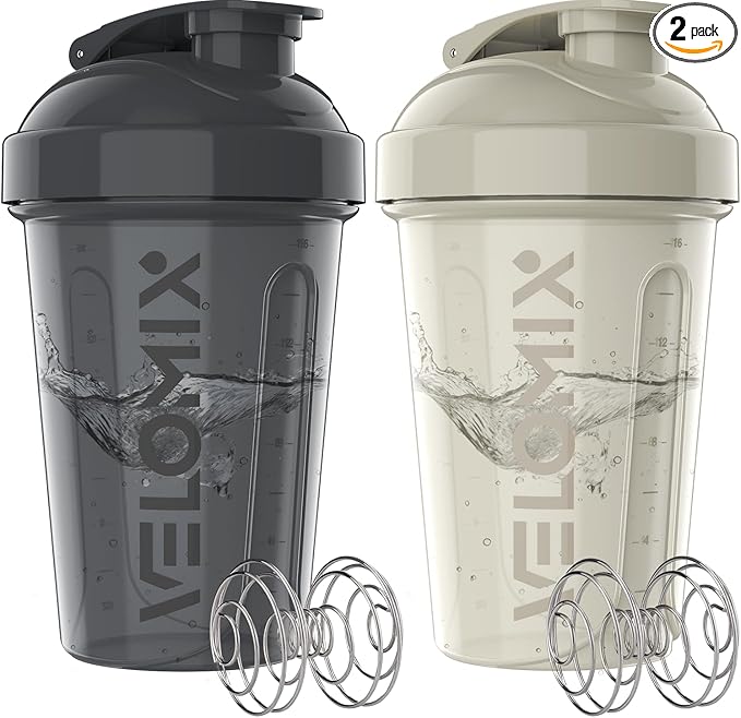 VELOMIX -2 Pack- 20 oz Protein Shaker Bottles for Protein Mixes - 2x Wire Whisk | Leak Proof Shaker Cups for Protein Shakes and Pre Workout | Protein Shaker Bottle Pack (Gray/White)