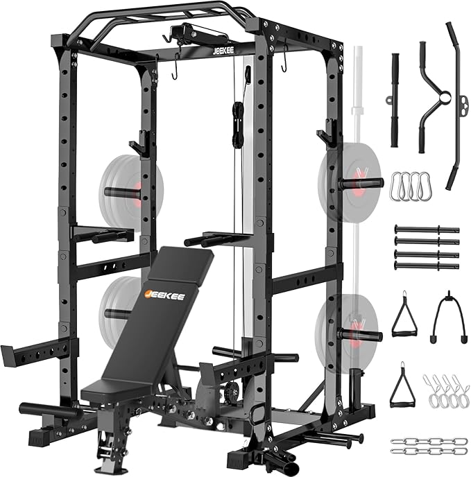 JEEKEE Power Cage,2000lbs Multi-Function Squat Rack, 2000lbs Power Rack with Cable Crossover System and 20+ Attachments