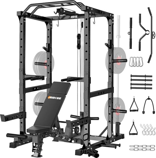 JEEKEE Power Cage,2000lbs Multi-Function Squat Rack, 2000lbs Power Rack with Cable Crossover System and 20+ Attachments
