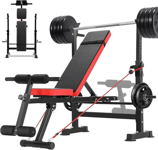 OPPSDECOR 6 in 1 Adjustable Weight Bench with Squat Rack and Removable Foot Bracket, 600lbs Bench Press Set Workout Bench with Weight Storage Sit up Incline Flat Decline Strength Training for Home Gym