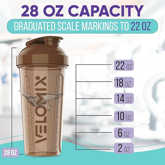 VELOMIX -4 PACK- 28 oz Protein Shaker Bottle for Protein Mixes - 4x Wire Whisk | Leak Proof Shaker Cups for Protein Shakes | Protein Shaker Bottle Pack | Protein Shake Cup (Brown)