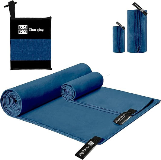 Tian qing Microfiber Towel Set, 2 Pieces, Fast Drying, Soft Touch, Lightweight, Multiple Sizes for Beach, Camping, Gym, Hiking, Pool, Yoga,Travel (Dark Blue, Medium)