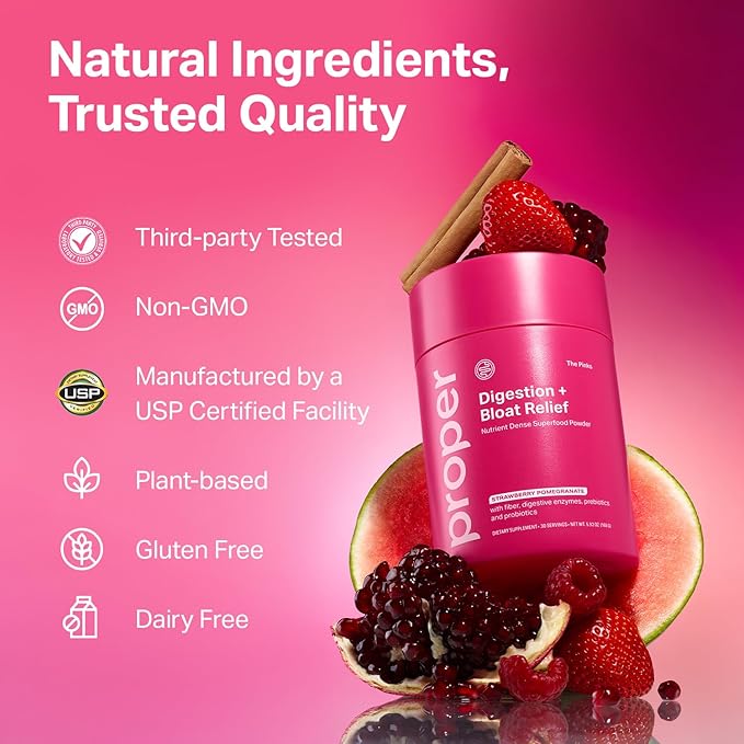 Proper, The Pinks Digestion and Bloat Relief. Drink Mix with Gut Health Probiotics, Prebiotics, Beet Root & Enzymes for Digestive Support. Bloating and Microbiome Supplement for Women and Men