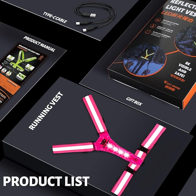 West Biking Running Vest Light - Led Running Reflective Gear for Walking at Night, High Visibility Night Rechargeable Light Up Running Vest, Adjustable Running Lights for Runners