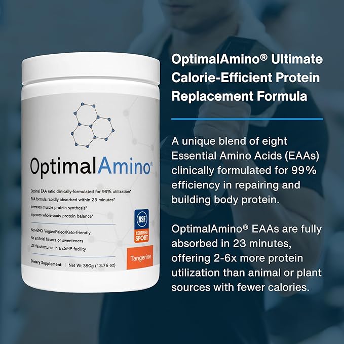 OptimalAmino Amino Acid Powder | 99% Utilized Essential Amino Acid (EAA) Supplement | Pre/Post Workout & Muscle Recovery | NSF for Sport Certified | Tangerine Flavor
