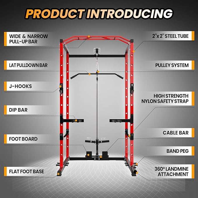 Power Cage with LAT Pulldown Machine - Squat Rack for Home Gym, Multi-Functional Weight Cage with Cable Pulley System, Dip Bars & Landmine Attachment