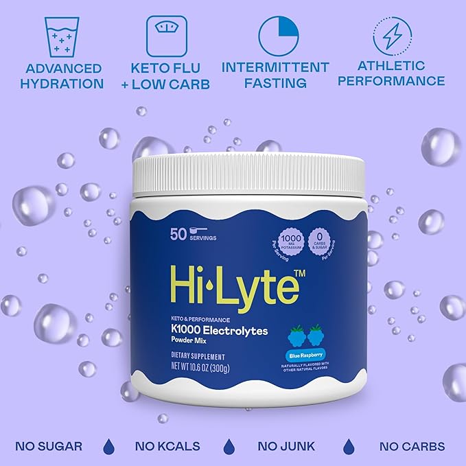 Hi-Lyte K1000 Electrolytes Powder Blue Raspberry Keto & Performance, 50 Servings - 1000mg Potassium + Magnesium, Sodium, Trace Minerals - 0 Carbs, 0 Sugar