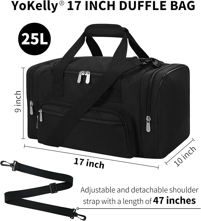 Small Duffel Bag 17 inch Carry On Weekender Bag for Travel Gym Sport (17x10x9 in) - Black