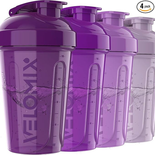 VELOMIX -4 PACK- 20 OZ Protein Shaker Bottles for Protein Mixes, Shaker Cups for Protein Shakes, Small Shaker Bottle Pack, Shaker Cup, Shakers for protein Shakes (Purple Bloom)